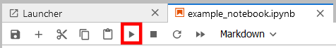 Top bar of the Jupyter Notebook with the "run" triangle circled in red.