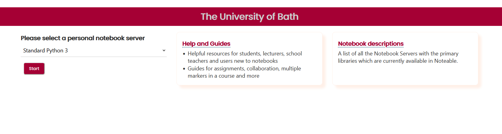 The welcome screen of Noteable asking you to select a personal notebook server