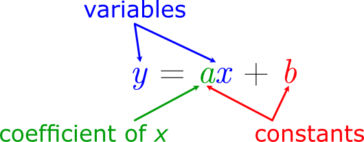 The function y=ax+b, with the variables (y and x), constants (a nd b) and coefficient of x (a) identified.