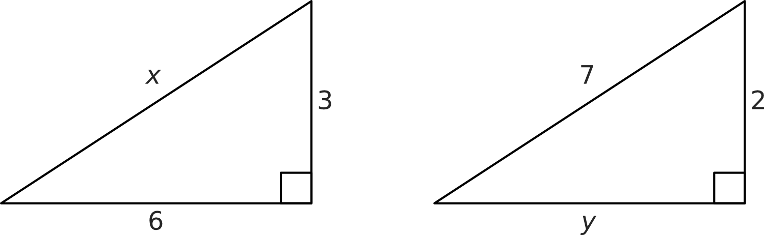 Two diagrams of right-angled triangles: the first has opposite and adjacent of 3 and 6 and the hypotenuse labelled x, the second has opposite and adjacent of 2 and y and the hypotenuse labelled 7.